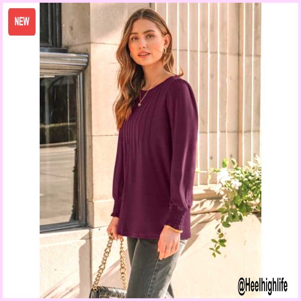 Long Sleeve Pleated Blouse Smocked Cuffs Business Casual Top Women's - Picture 3 of 7